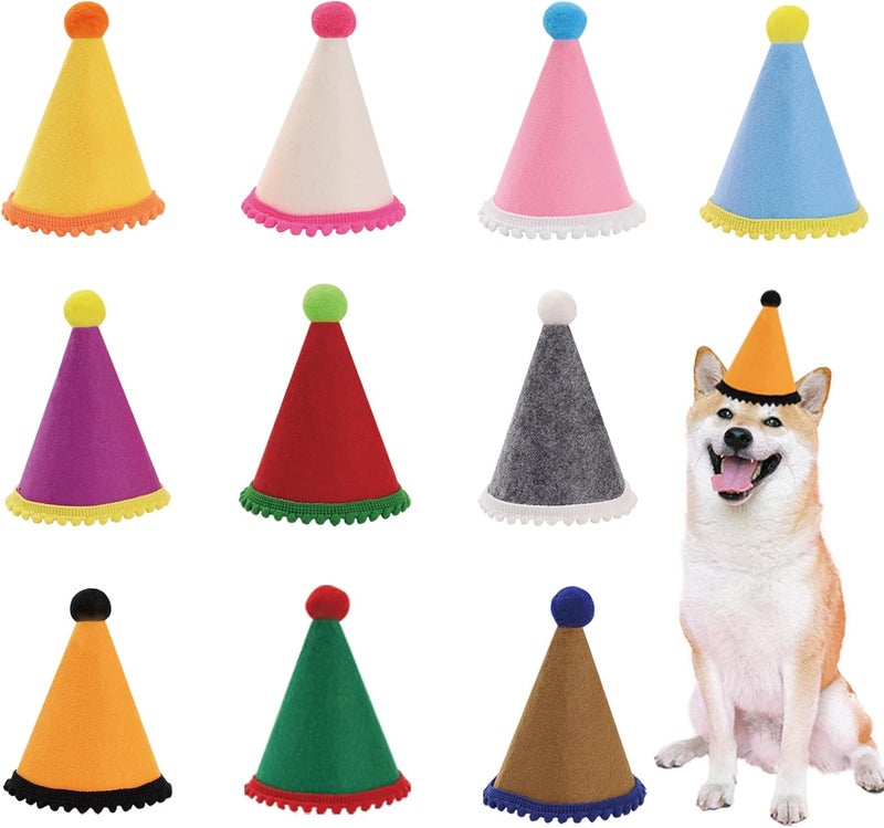 Cellcacn 10 Pcs Dog Birthday Hat Set for Small Medium Dogs Cat Puppies, Mini Party Hat with Adjustable Headbands, Cute Pet Hat with Pompons for Birthday Christmas Party Decoration Accessories (Small 3.5 Inch) - Image 1